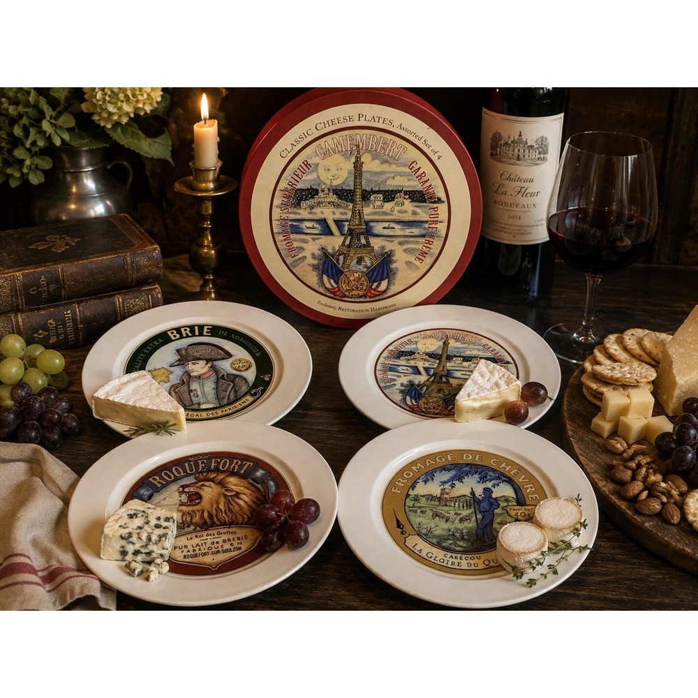 Restoration Hardware Classic French Cheese Plates Set of 4 w/ Box 8"